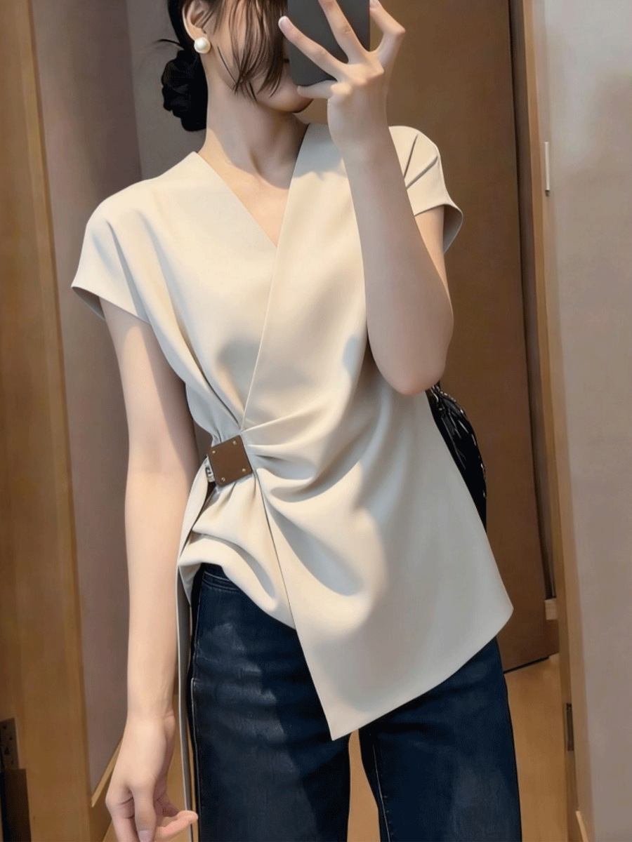 Áo thun nữ cổ V ngắn tay phong cách Pháp, thiết kế thắt lưng tạo dáng gầy — Màu ảnh