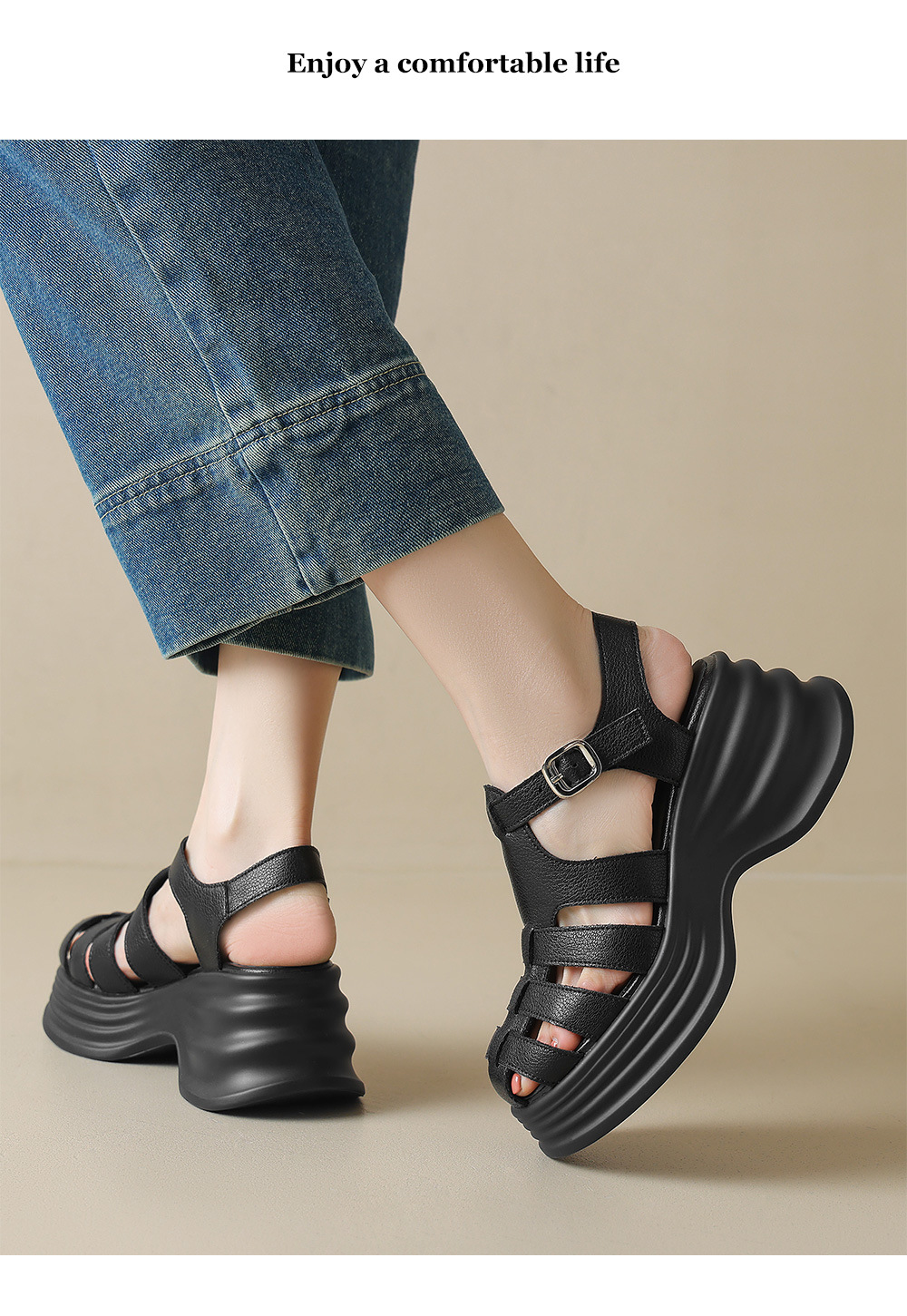 Sandal La Mã đế rỗng dệt mũi kín da thật gót cao 9 cm — đen chi tiết 10