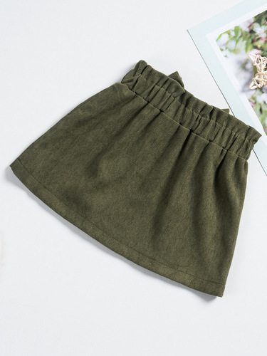 2024 Trendy Spring Girls' Semi-Body Skirt in Corduroy Solid Color with Bow Blouse Button, Stylish Baby Girls' Short Skirt