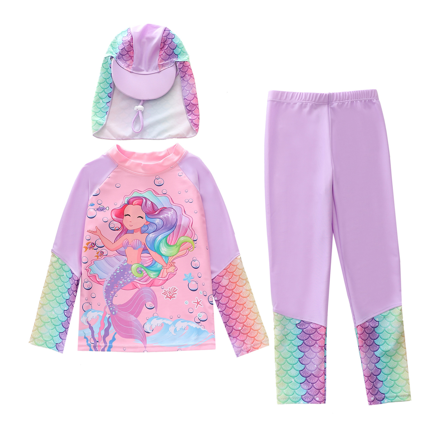 New Children's Swimsuit for Girls, Two-Piece Baby Girl Long-Sleeve and Long-Pants Cute Swimsuit for Young, Medium, and Older Girls