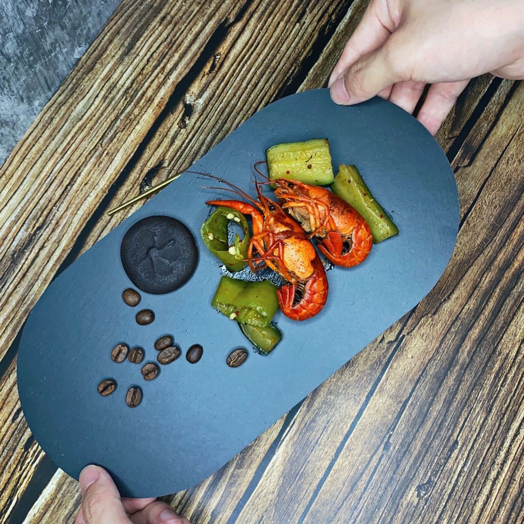 Placa oval negro roca postre sushi plato europeo occidental creativo vajilla placa plana barbacoa Placa de carne