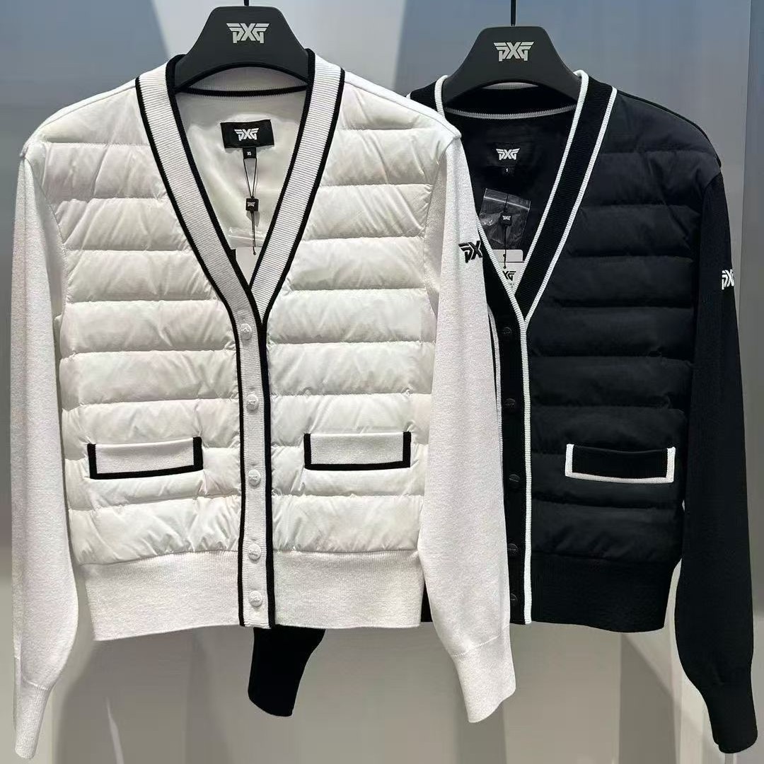 Korean Golf Clothing Women's Autumn and Winter Black and White Simple Fashion Warm down Knitted Splicing Cardigan Jacket