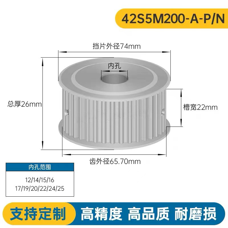 S5M42齿 两面平同步轮 槽宽22 AF型 同步皮带轮齿轮铝42S5M200-A