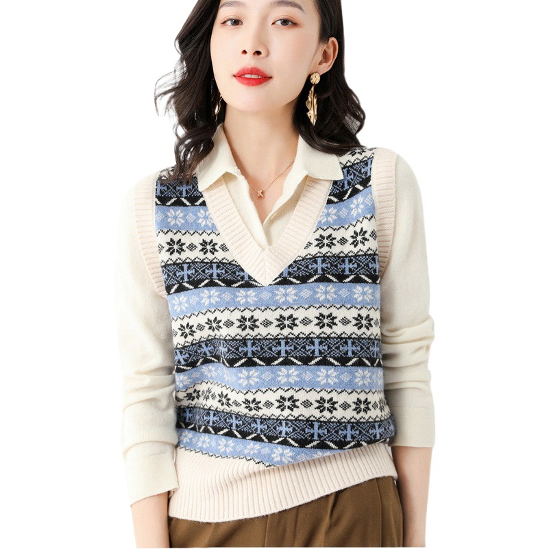 Lana mezclada 2024 primavera nueva mujer con cuello en V Jacquard Chaleco de punto Chaleco Corto suéter suelto chaleco