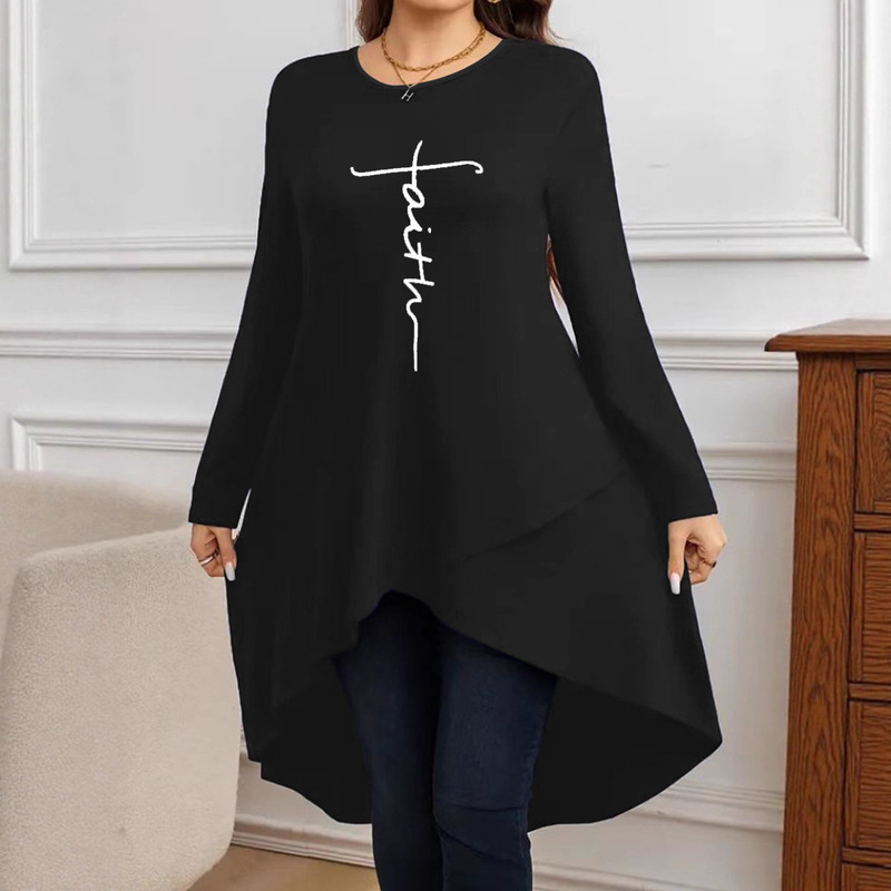 2025 Cross-Border Plus Size Women's Clothing European and American Loose Long-Sleeved Round Neck High and Low Hem Dress European and American Autum