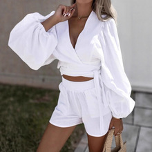 欧美跨境2025春夏亚马逊独立站外贸女士长袖腰带开衫休闲短裤套装