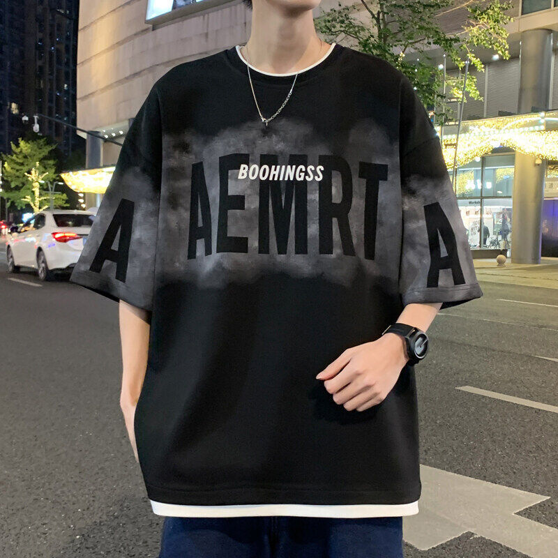 American-style High Street Short-sleeved T-shirt Men's Summer New Fake Two-piece Fashionable Ins Casual Loose plus size Half-sleeved T-shirt