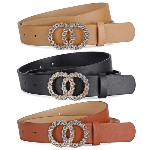 Cross-border European and American double circle buckle inlaid with rhinestones sweet decorative dress women's belt fashion jeans belt