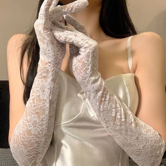 Korean Style Women's Tuanfeng Vintage Mesh Flower Wedding Lolita Black Lace Gloves Sexy Photo Props Black Silk Sleeve