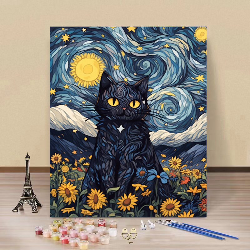 Pintura por números “Gato Estrellado” — arte DIY de fábrica al por mayor, estilo Van Gogh, flores y paisajes hechos a mano