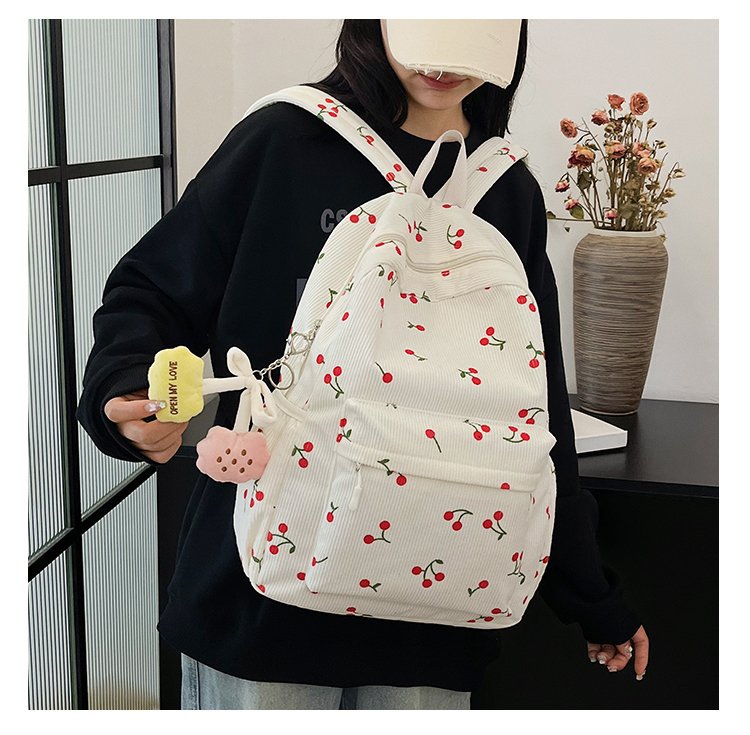1197g Weight Polyester Lining Material Zipper Closure Type Double Shoulder Straps Strap Type Casual, School, Daily Occasion Corduroy Material Back To School Festival School Backpack Backpack Cherry Pattern All Seasons Season Women's Gender Cute Style Shell Shape Cherry Casual School Daily School Backpack 6