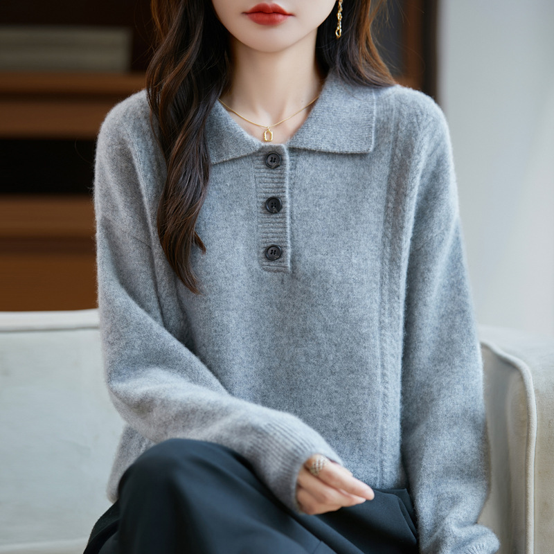 100%纯羊毛2025秋冬新女宽松POLO翻领纯色短款打底上衣针织衫毛衣|undefined