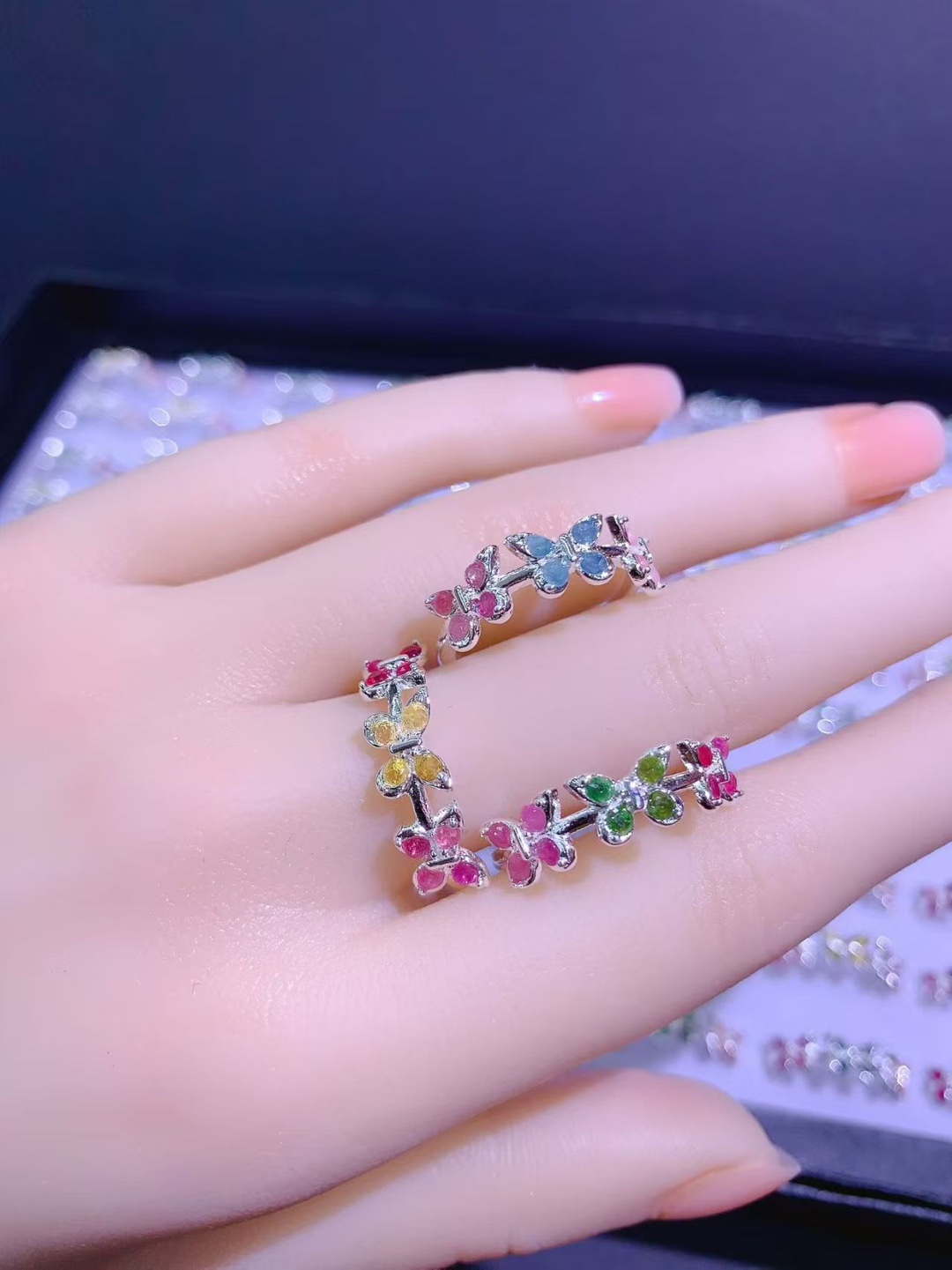 Natural Tourmaline Inlaid Ring, Colorful and Stylish, Light Luxury Niche Design with a High-End Feel, Factory Wholesale