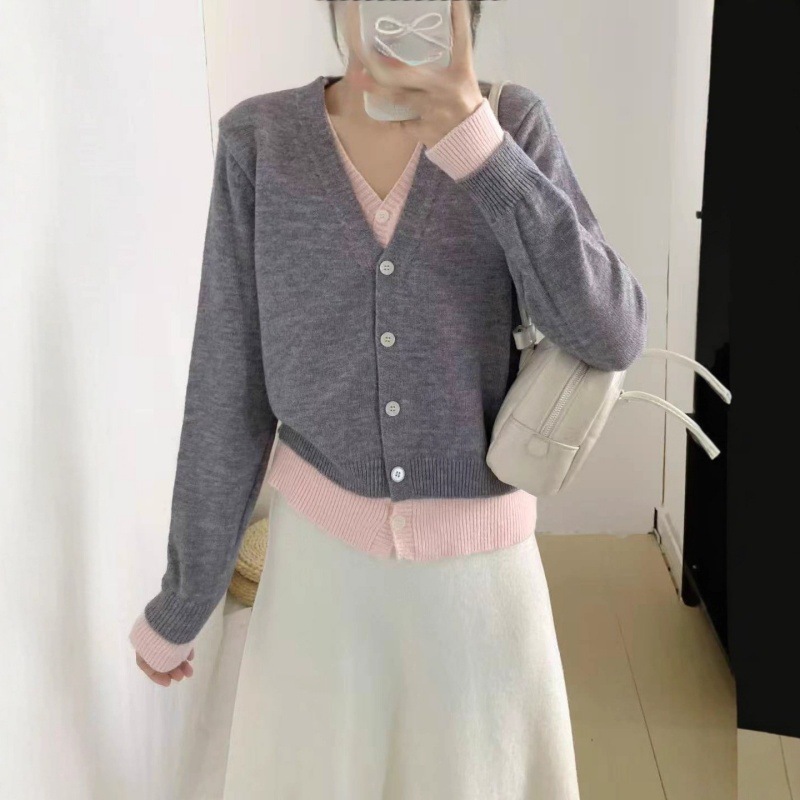 早秋灰色v领假两件针织开衫女秋冬新款慵懒软糯时尚气质女装外套|undefined