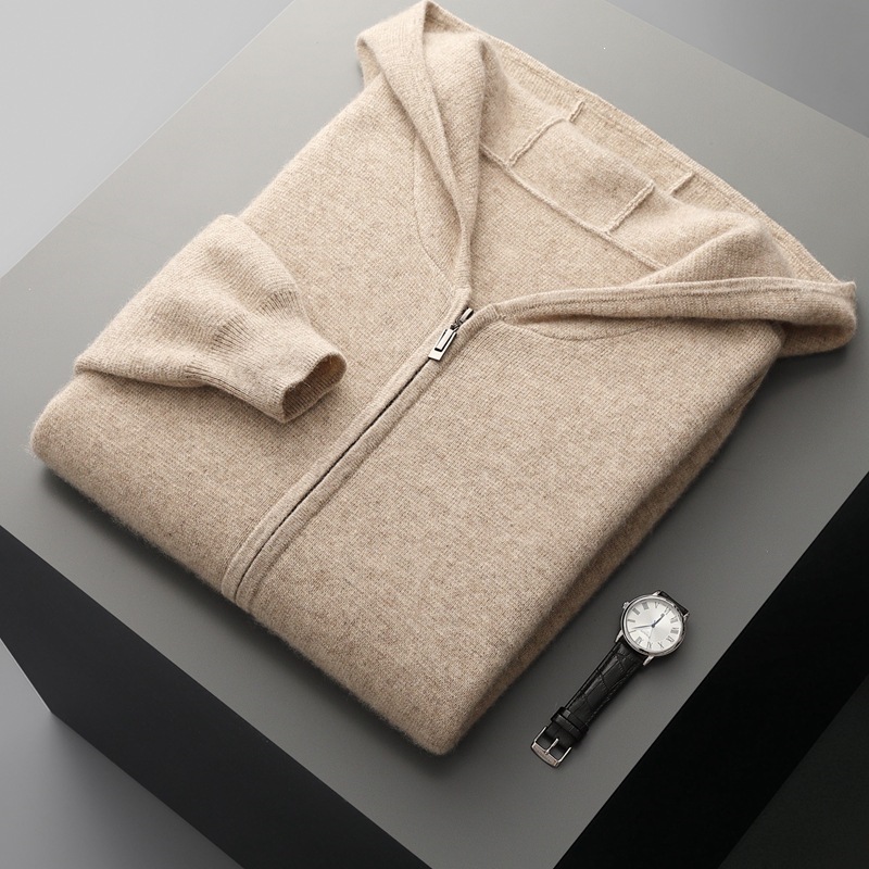 New Autumn/Winter Men's Thick Cashmere Cardigan Set with Zipper, Hooded, Casual, Loose Fit, Knitwear