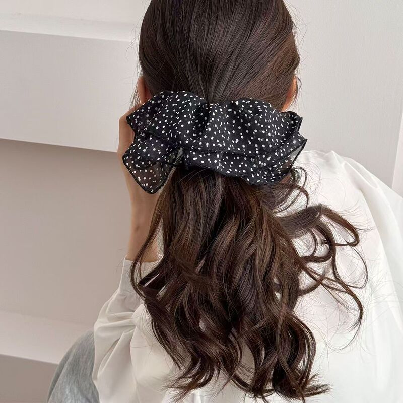 新しい夏の黒と白の水玉模様のスカートヘアゴム二層プリーツメッシュヘッドバンドヘアゴム気質ポニーテールヘアロープ|undefined