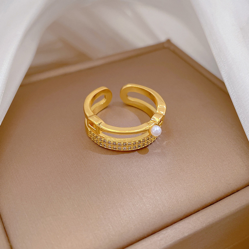 Doppelter Perlen- und Diamantring, verstellbar, schlichter japanischer Schmuckring, Partnerring_voghion.com