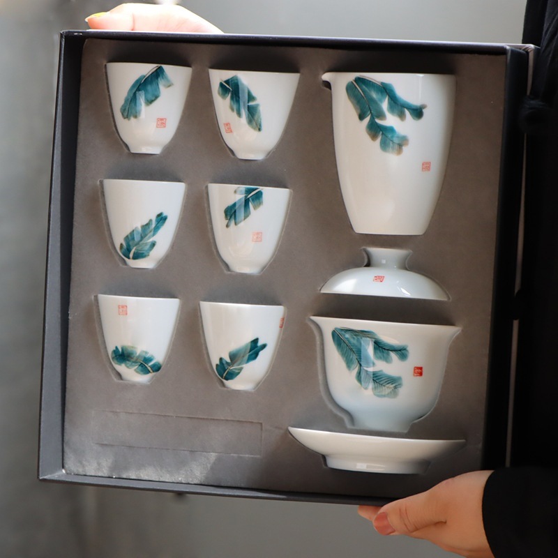 景德镇白瓷手绘功夫茶具套装礼盒陶瓷整套中式 盖碗茶杯 礼品办公