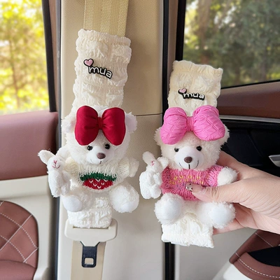 Cover Plush Bear Car Creative — Seat belt shoulder pad - white-bear-white-sweater-with-bunny-hand-white-bear-bouquet-of-bunny-pink-sweater-one-puff-plaid-shoulder-protector