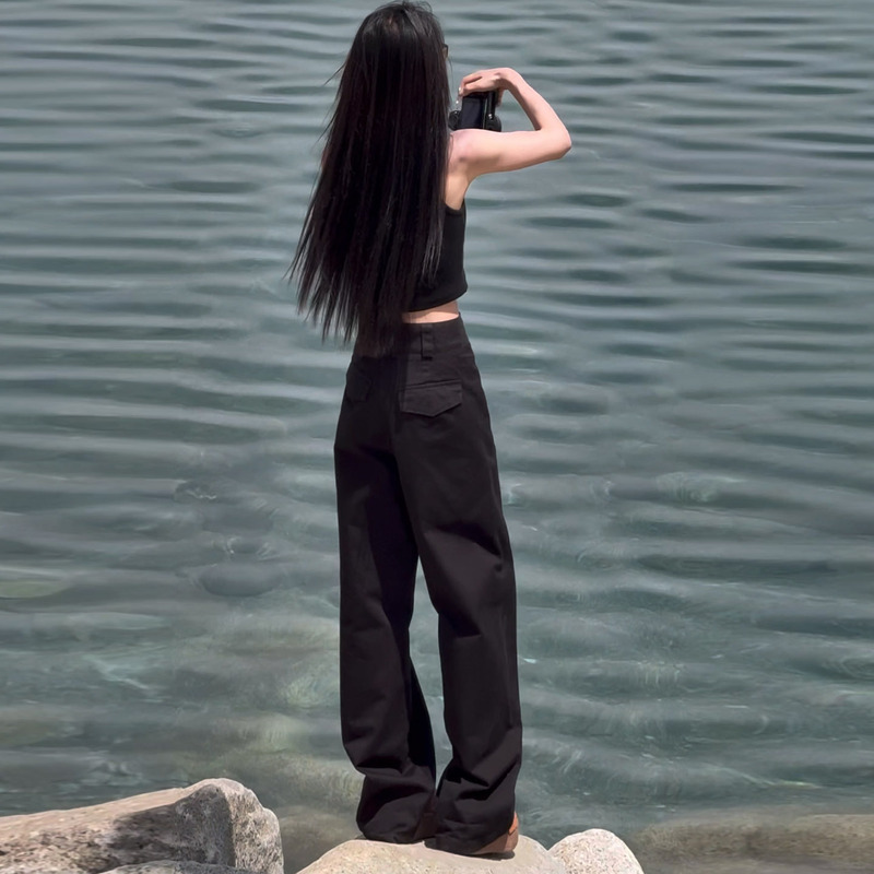 美式工装阔腿裤女大码胖mm宽松显瘦高腰窄版直筒西装裤子|undefined