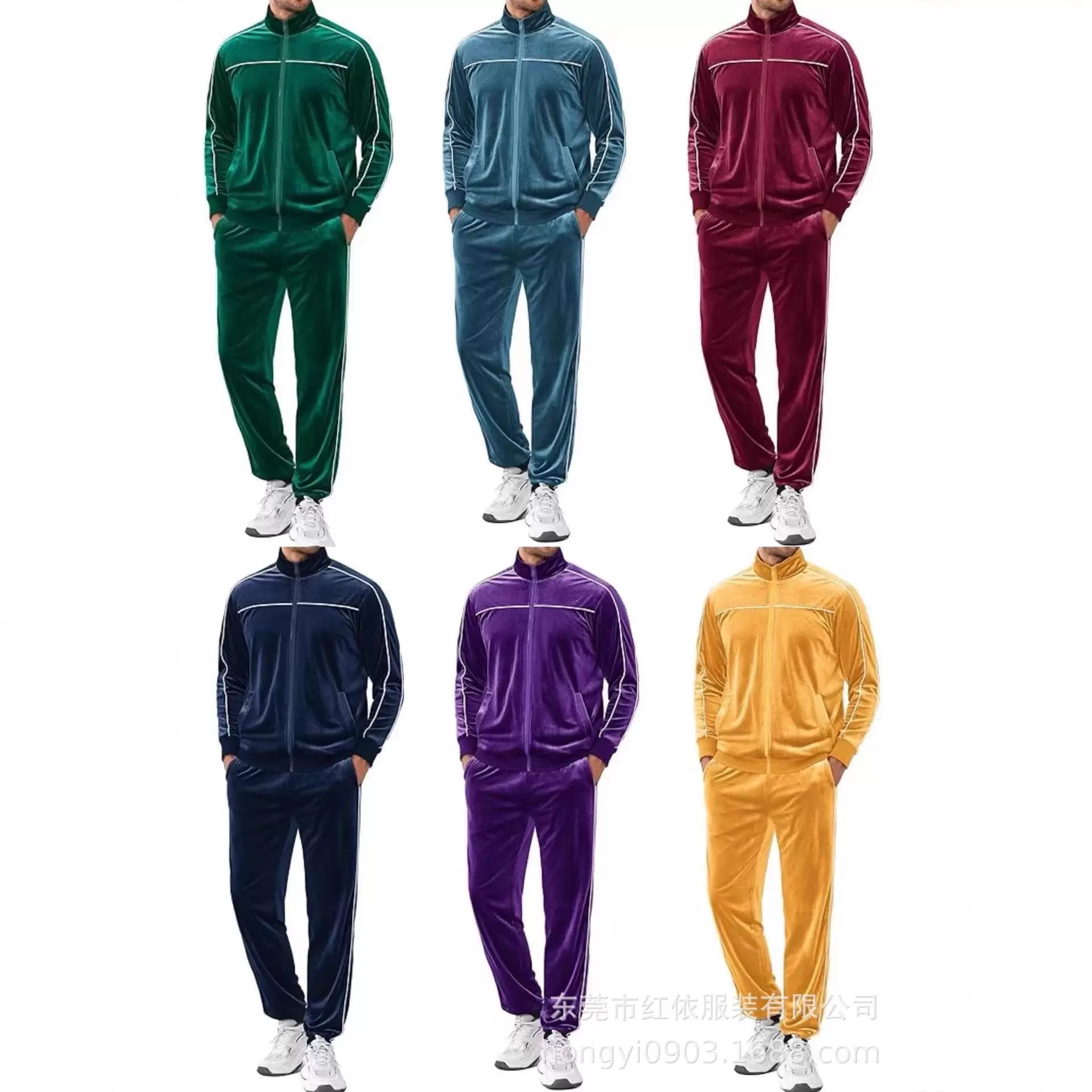 男式丝绒运动服套装秋冬季亚马逊欧美男装新款夹克开衫两件套男