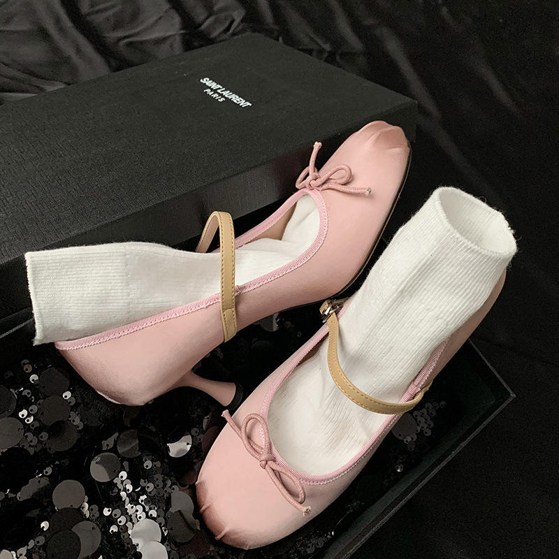 7cm high heel ballet shoes ~ round toe satin light pink French retro bow buckle Mary Jane shoes women's shoes