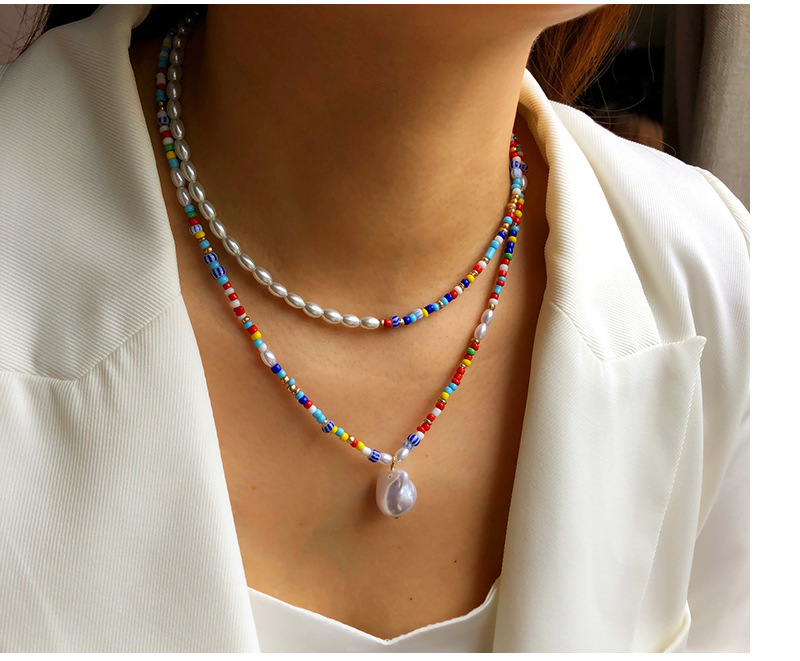 Fashion Pearl Necklace Female Pendant Double-Layer Beaded Colorful Clavicle Chain