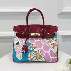 New 2026 Platinum Bag in Burgundy Crocodile Print with Hand-Painted Giraffe Pattern, Top-Layer Cowhide Leather Handbag Shoulder & Crossbody Bag