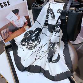 春秋季小方巾新款黑白色花卉职业丝巾百搭气质仿真丝衬衣现货领巾