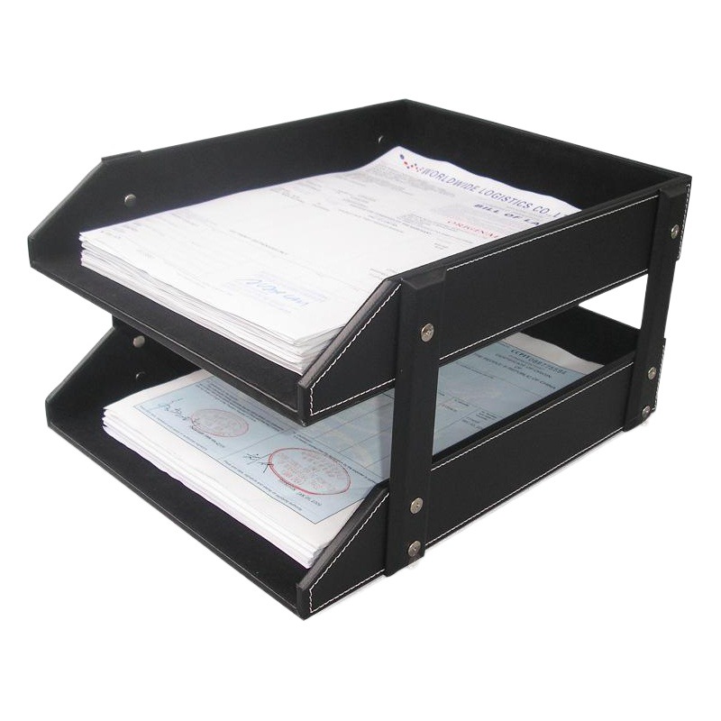 Estante para archivos A4 de doble capa de cuero, soporte para documentos, bandeja para archivos de escritorio, estante de almacenamiento, soporte para archivos creativo, papelería, lujo ligero.