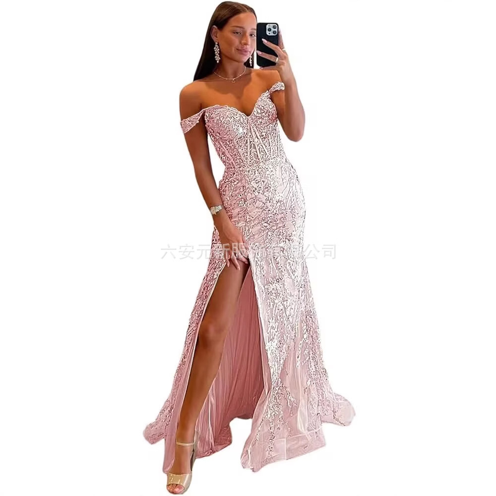 Comercio exterior europeo y americano Amazon hombro abierto vestido de baile largo de diafragma de encaje decal de mujer vestido de noche de cola de pescado