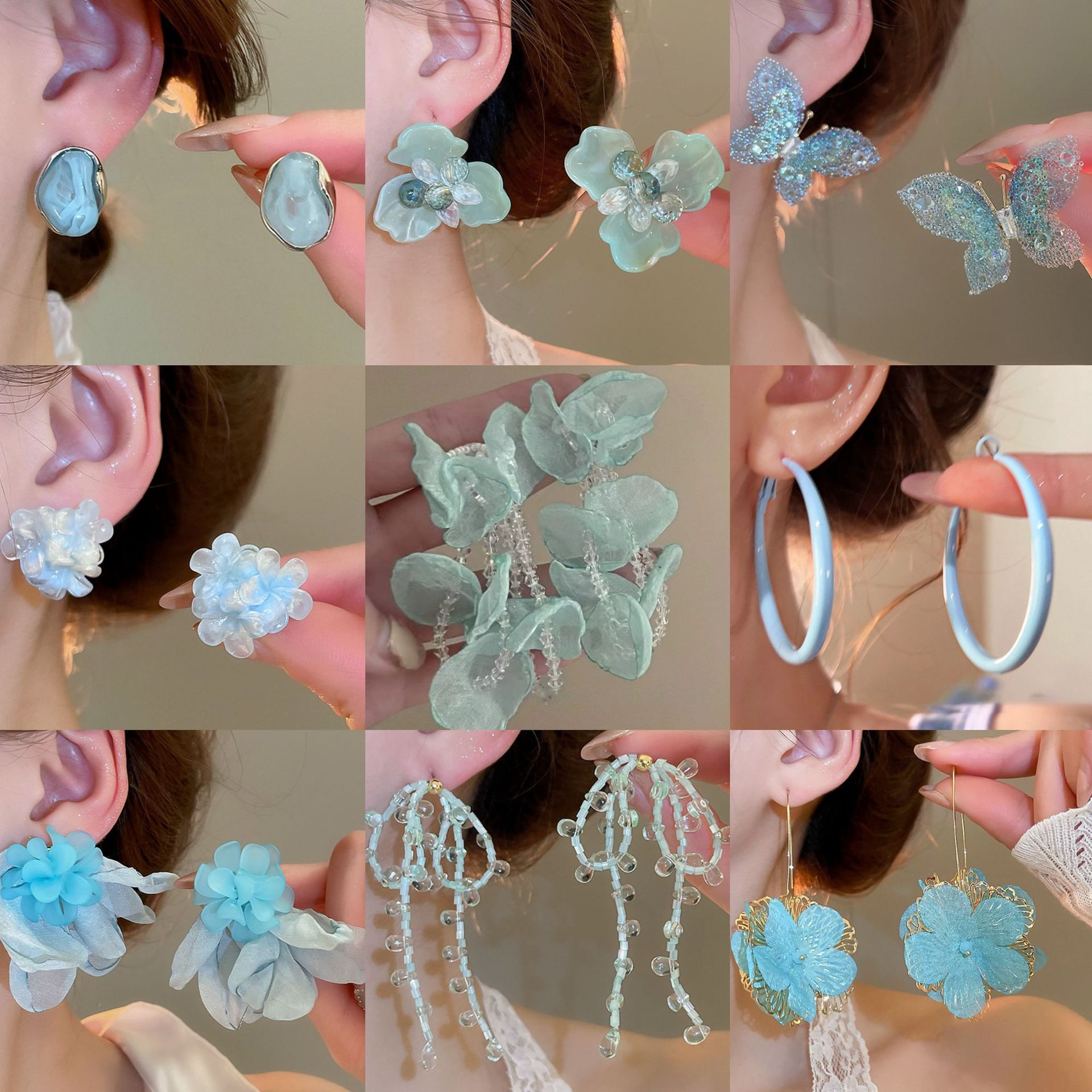 Pendientes de borla de flores de tul de aguja de plata Pendientes de súper hada verde menta fresca Pendientes de diseño exagerado de nicho