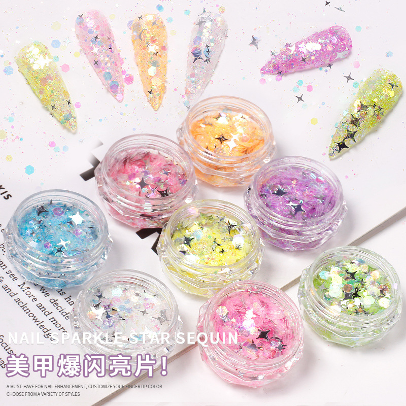 Celebridad de Internet nuevo multicolor clavo estrella flash lentejuelas tamaño mezclado láser brillo uñas lentejuelas joyería en caja
