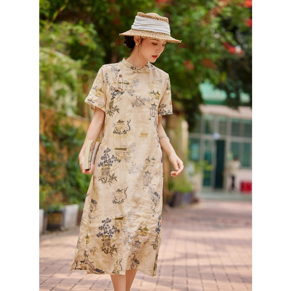 2024 новый стиль национальный ветер вышивка женская рома ретро среднего и длинного платья с короткими рукавами пуговицы свободный легкий чонсам