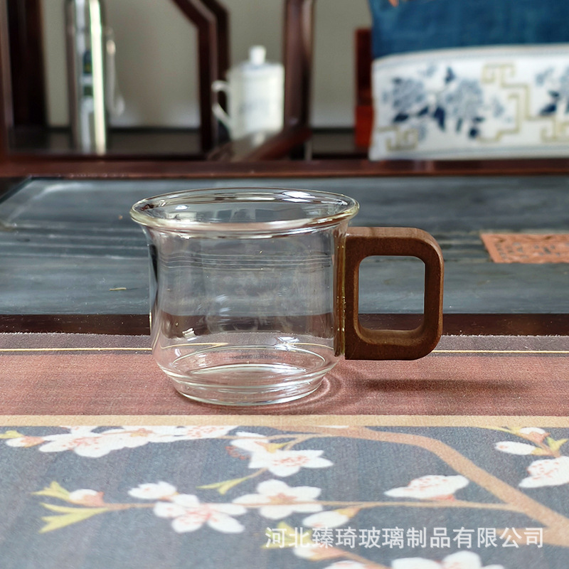 Taza de té de vidrio con asa de madera Taza de té pequeña para el hogar resistente a altas temperaturas Taza de té de hospitalidad de vidrio con alto contenido de borosilicato de hollín transparente personal