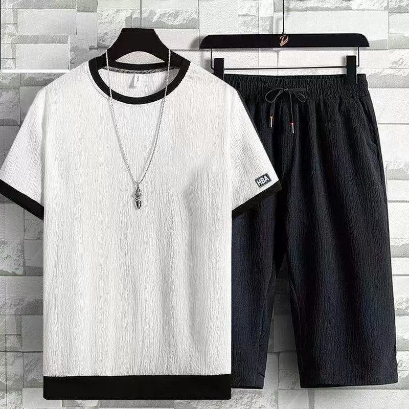 源头厂家冰丝短袖T恤男2024夏季薄款韩版蚂蚁皱帅气休闲运动套装