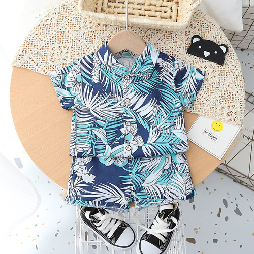 Boys Fashion Summer Suit  Boys Summer New Outing Beach Wear Shirt Printed Short Sleeve Two-piece Set