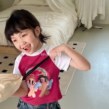 韩国潮牌拼色童装洋气百搭短款上衣修身可爱插色短袖女童潮款T恤