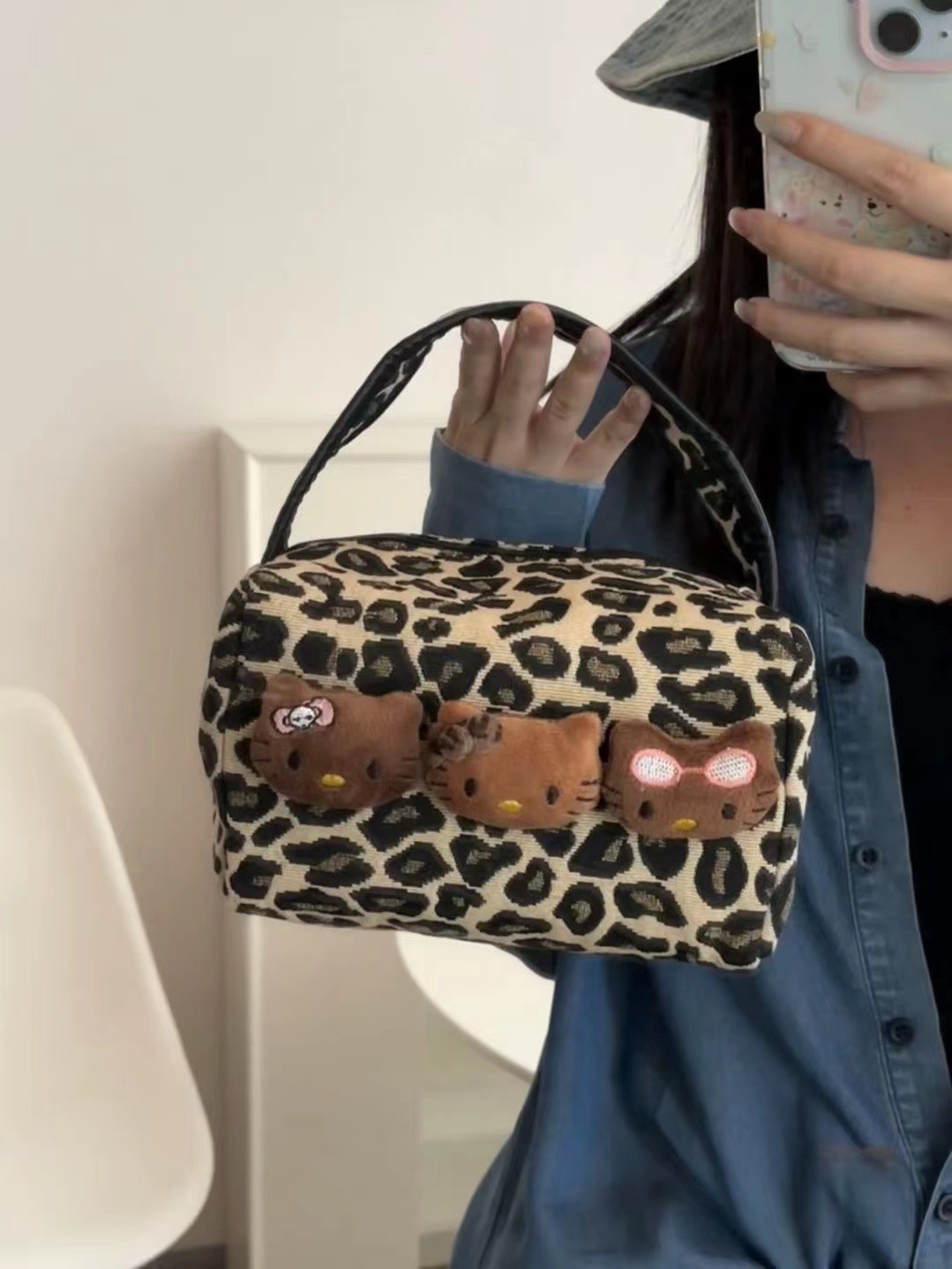 leopard print niche black leather kitty cosmetic bag new advanced large capacity storage and carrying portable makeup wash bag