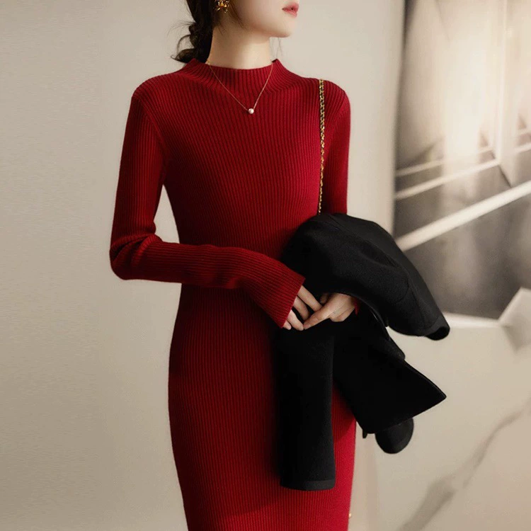 Подходящее пальто, вязаное базовое платье средней длины, Женская Новинка на осень и зиму, однотонная водолазка с высоким воротом, приталенная юбка-свитер