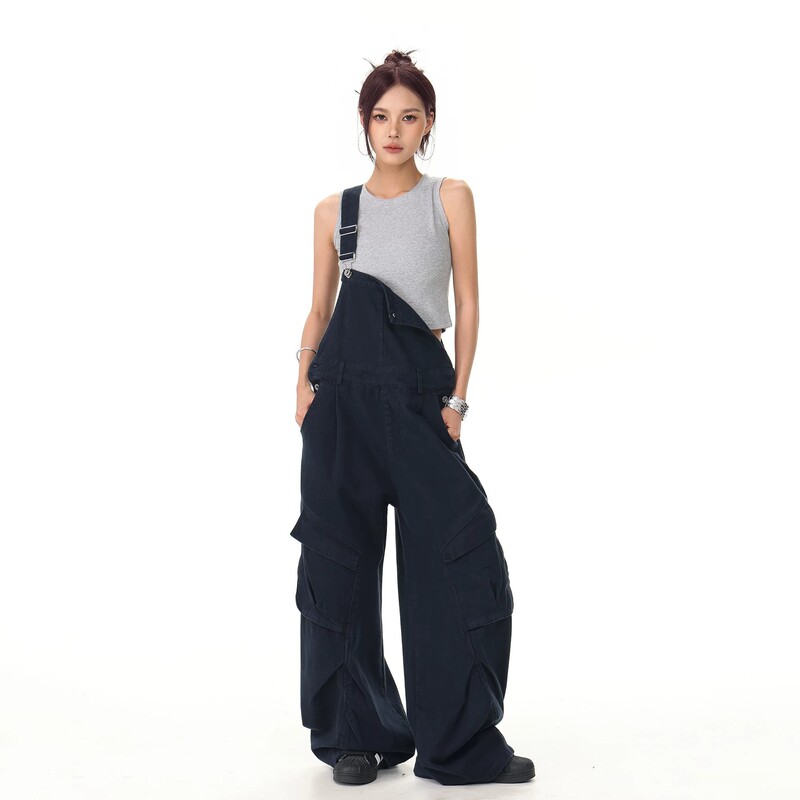 American Retro Washed Straight-Leg Multi-Pocket Overalls for Women with Street-Style Design and Wide-Leg Floor-Length Pants