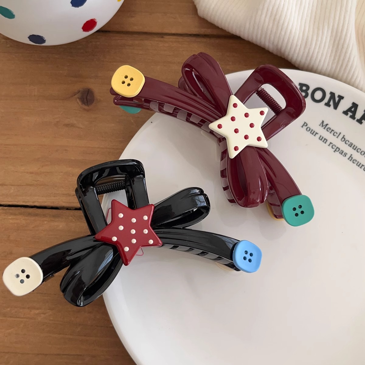 趣味撞色波點星星紐扣抓夾大號蝴蝶結鯊魚夾半扎盤髮夾發量多發抓