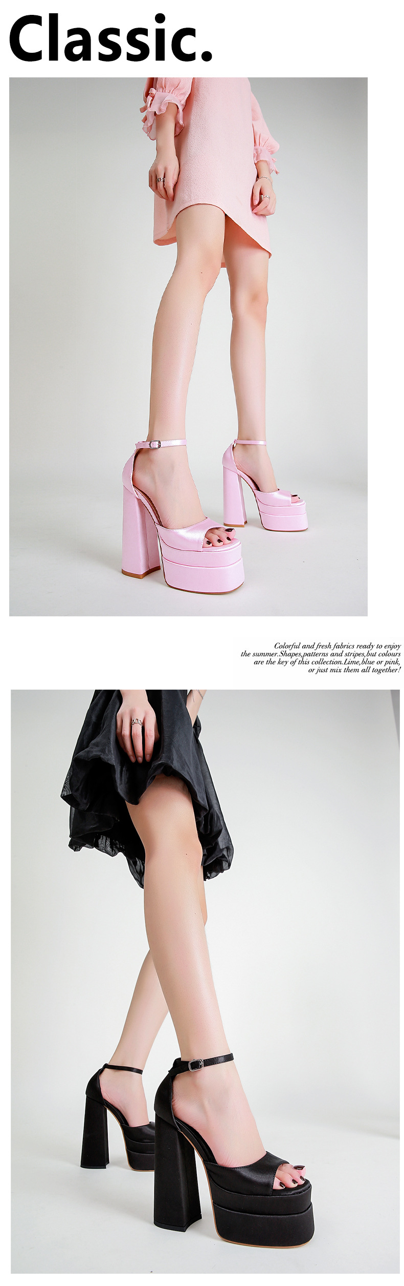 Sandal cao gót nữ mũi vuông rỗng gót vuông satin — Màu đen chi tiết 6
