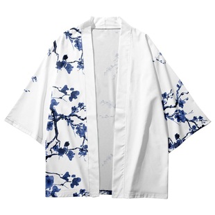 2023 Summer Kimono Cross Border Floral Printed Cropped Shirt Taoist Robe Cardigan Loose Men Haori