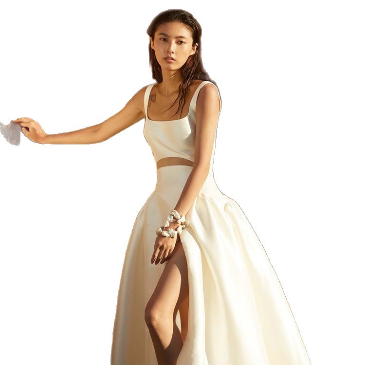 Verano de comercio exterior europeo y americano vestido transfronterizo color sólido moda elegante simple correa boda noche vestido banquete al por mayor