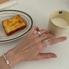 S925純銀牛角包網格戒指女法式簡約復古小眾設計高級感ins風指環