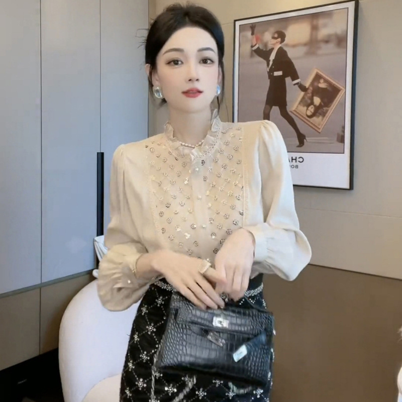 French Lace Ruffled White Shirt for Women, Spring and Autumn Design with Lace Embroidery, Loose and Elegant Long-Sleeve Top