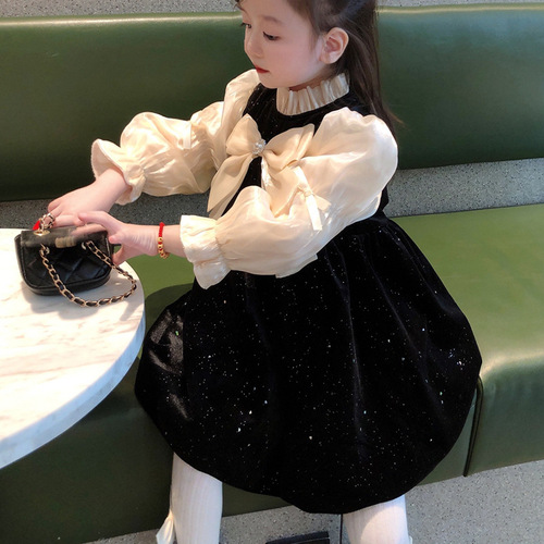 Little Girl Spring and Autumn Dress French Style Children's  New Black Baby Girl Spring Outfit Princess Dress