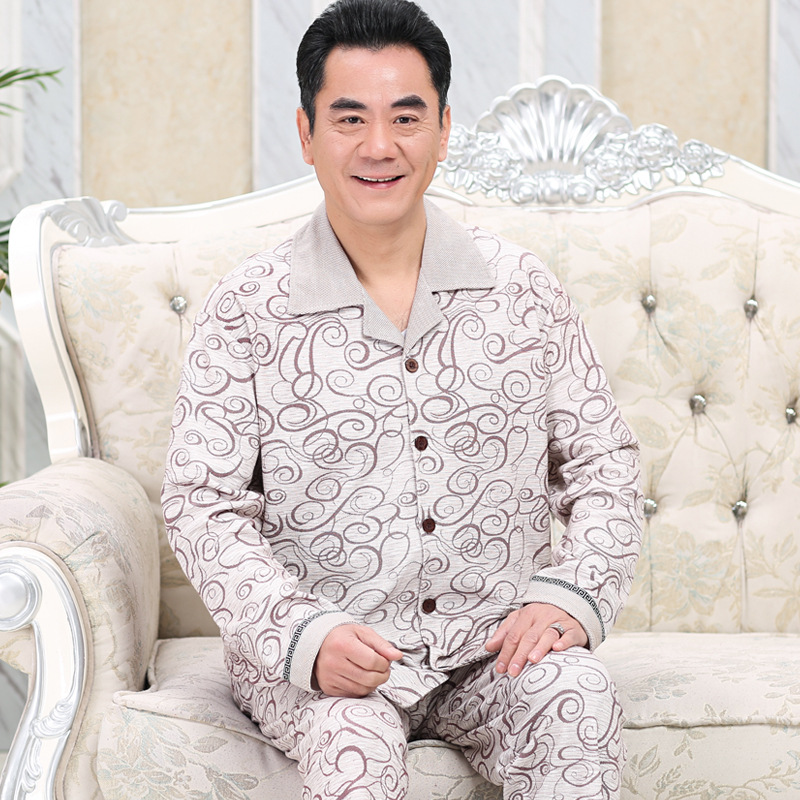 Pijama de mediana edad y ancianos primavera y otoño de los hombres 100% algodón de manga larga hogar ^ más el tamaño de mediana edad papá traje de dos piezas