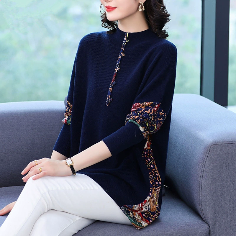 Женский трикотаж средней длины, осенне-зимний свитер среднего возраста с рукавами «летучая батарея» и принтом, свободная Базовая рубашка большого размера